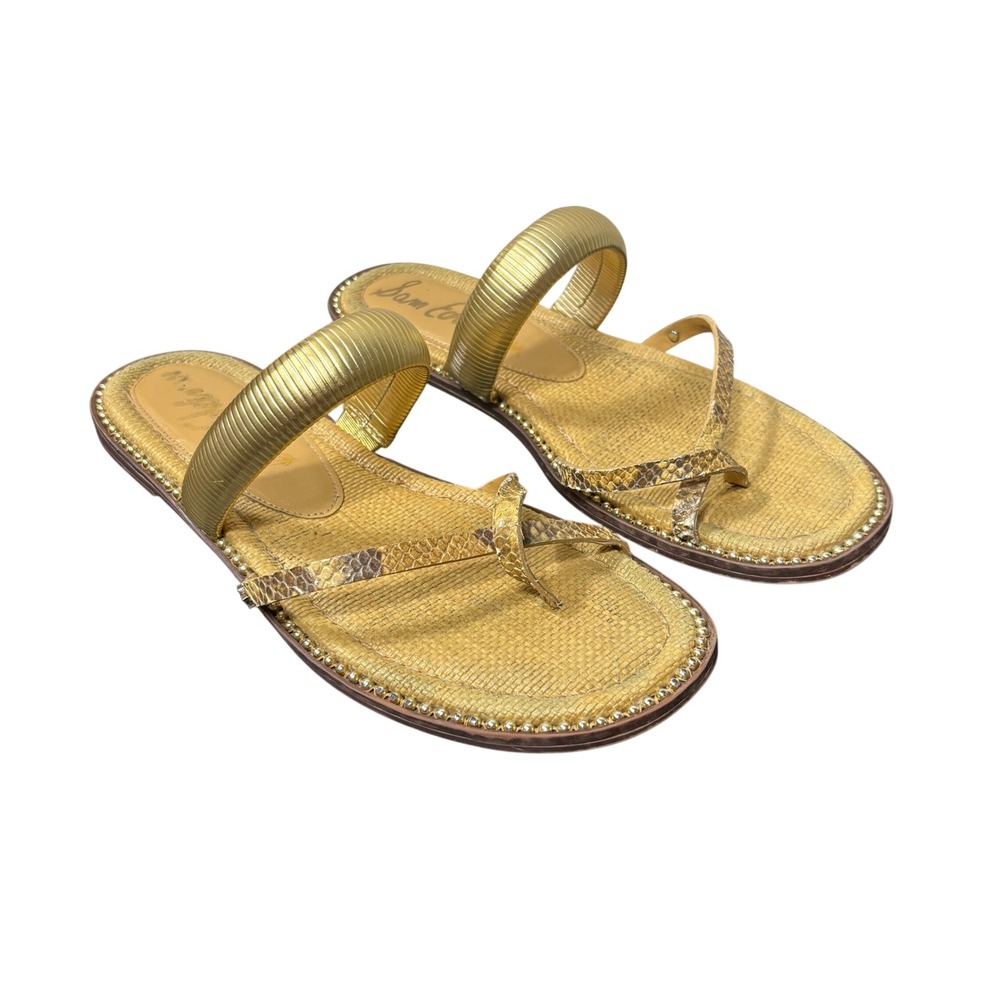Sam Edelman Metallic Gold Faux Snakeskin Raffia Flat Slide Sandals Womens 10